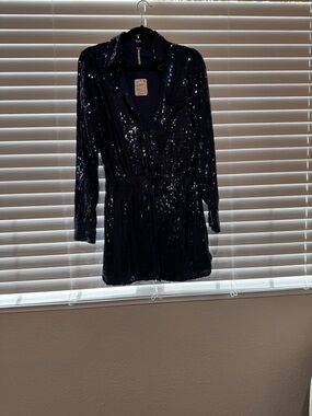 Free People Black Sequin Jacket with Collar